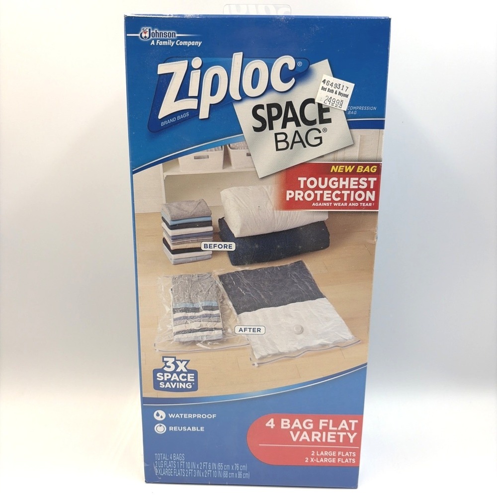 Ziplock Space Bag 4 Bag Flat Variety 2 Large 2 XL Waterproof Reusable New Sealed